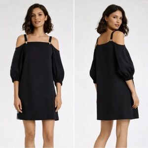 TIBI Suspender Drape Cold Shoulder Twill Black Mini Shift Dress Sz 0💛